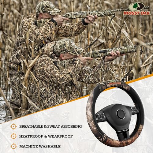Mossy Oak Full Camo Steering Wheel Cover - Made from Premium Leather, Universal Fit for 14 1/2 to 15 inches - Official Licensed Product - Black Color - color: Black