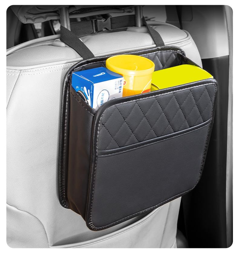 Car Seat Back Organizer, Quilted PU Leather, Multi-Pocket Storage with Umbrella Holder, Black