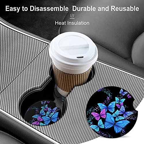 Blue Butterfly Absorbent Car Coasters,Cool Ceramic Cup Holders Coasters with a Finger Notch for Women Men 2.56"(2 Pieces)