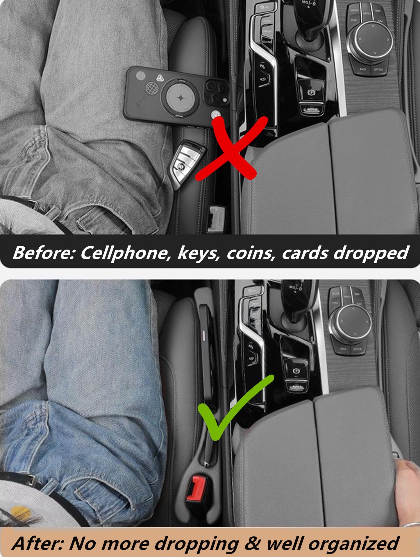 2 Pack No Drop Car Seat Gap Filler Guard, Stopper/Catcher to Fill the Gap between Seat and Console Black Car Crevice Inbetween Blocker Plug Space Pad X01