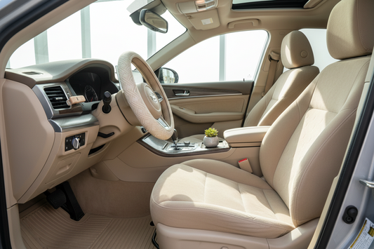 Bright modern car interior with clean seat covers, warm beige tones, soft daylight, steering wheel cover, floor mats, and subtle interior styling accessories. Clean, comfortable, and realistic ecommerce blog thumbnail, no people, no text, no logo.
