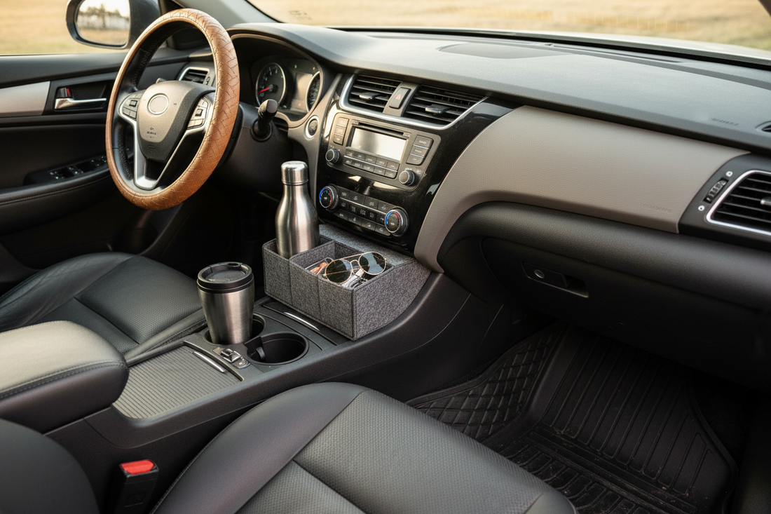 Clean commuter car interior with steering wheel cover, center console organizer, cup holder insert, floor mats, and daily essentials neatly arranged. Realistic ecommerce blog thumbnail, soft morning light, no people, no text, no logo.