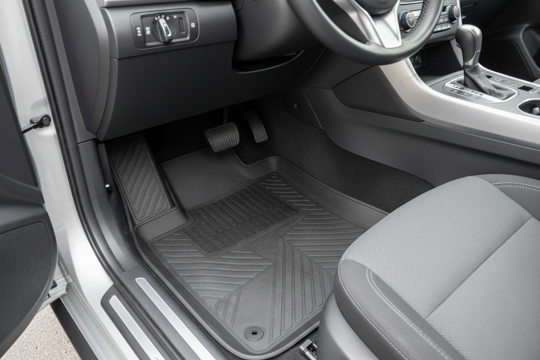 Clean modern car footwell with fitted all-weather floor mats, realistic rubber texture, soft daylight, tidy pedals, and practical everyday interior protection mood. No people, no text, no logo.
