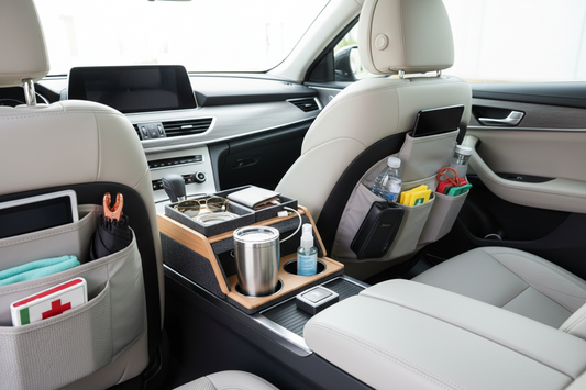 Clean organized car interior with center console organizer, seat back storage, cup holder accessories, trunk organizer, and neatly arranged everyday driving essentials. Realistic ecommerce blog thumbnail, no people, no text, no logo.