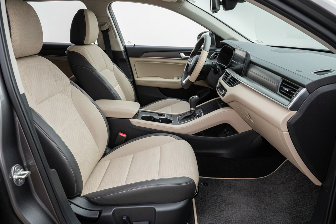 Modern neutral car interior with beige and charcoal tones, fitted seat covers, steering wheel cover, clean floor mats, subtle console details, and calm everyday styling. Realistic ecommerce blog thumbnail, no people, no text, no logo.