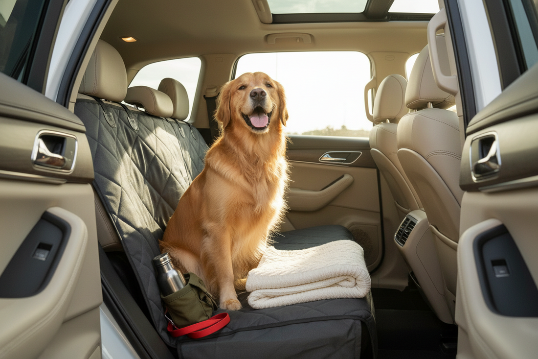 Realistic image of a dog sitting on a waterproof rear car seat cover inside a clean modern vehicle, with pet door protectors, soft blanket, and organized travel accessories. Natural daylight, no text, no logo.