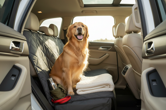 Realistic image of a dog sitting on a waterproof rear car seat cover inside a clean modern vehicle, with pet door protectors, soft blanket, and organized travel accessories. Natural daylight, no text, no logo.