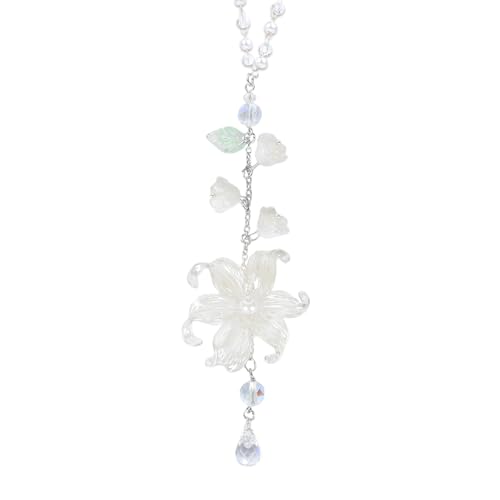 Lily of The Valley Leaf Car Charm - White Waterlily Crystal Drop Floral Sun Catcher for Rear View Mirror Decor, Resin Flower Beads Cars Interior Hanging Accessory for Women Men - color: White