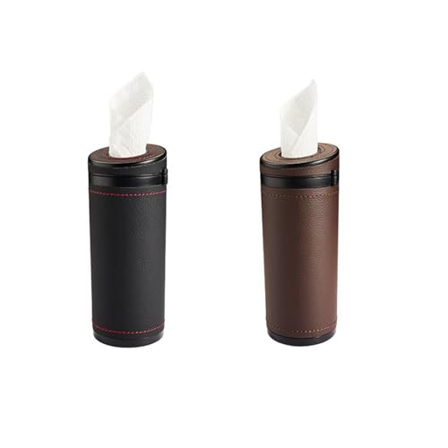 2 Pcs Car Tissue Holder, Multi-Purpose Round PU Leather Paper Tube with Window Breaker for Travel Facial Tissues Organizer, Car, Home, Bathroom, Office Use(Black&Brown)