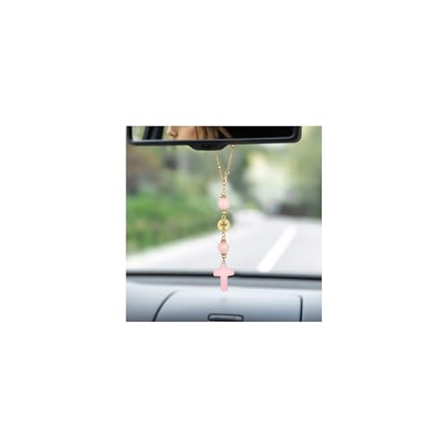 Cross Crystal Hanging Car Charm,Cute Healing Stones Car Decor for Rear View Mirror Boho Handmade Sun Catcher Ornament Accessories Rose Quartz Crystal Protection for Women - color: Rose Quartz