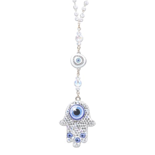 Hamsa Hand Evil Eye Car Charm - White Crystal Evileye Beaded Chain Rear Mirror Hanging Ornament, Spiritual Protection Ward & Lucky Car Interior Decoration for Women Men - color: White