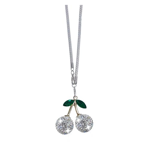 Bling Cherry Car Rear View Mirror Charm - Cute Crystal Rhinestone Rearview Mirror Hanging Pendant Accessory for Women Girl, Lucky Sparkly Diamond Auto Interior Decoration Car Ornament Presents(Silver) - color: Silver