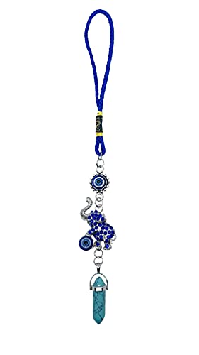 LUCKBOOSTIUM Evil Eye Elephant Keychain and Mandala with Green Turquoise- Decorative Evil Eye Keychain for Blessing and Goodluck - Elephant Bag Charm, Rear View Mirror Accessories (1.75” x 8”) - color: Green Turquoise