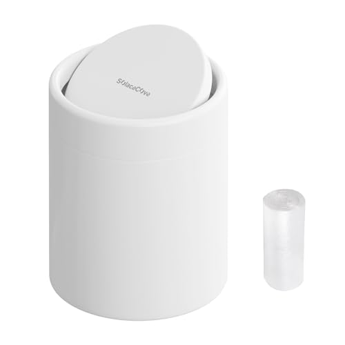 Mini Desk Trash Can with Lid for Desk,0.4 Gallon Brushed Stainless Steel Countertop Trash Can with Lid for Desktop Car Office Kitchen, Swing Top Trash Bin with a Roll of Trash Bag（White）