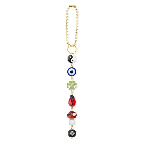 Evil Eye Car Hanging Ornament, Cute Car Charm for Rear View Mirror, Good Luck Decor with Four-Leaf Clover, Ladybug, 8 Ball, Mushroom, Yin Yang Symbo, and Boho Car Accessories