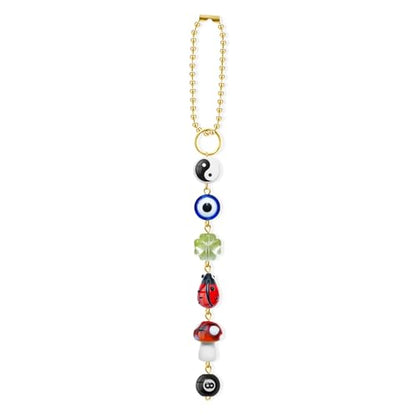 Evil Eye Car Hanging Ornament, Cute Car Charm for Rear View Mirror, Good Luck Decor with Four-Leaf Clover, Ladybug, 8 Ball, Mushroom, Yin Yang Symbo, and Boho Car Accessories