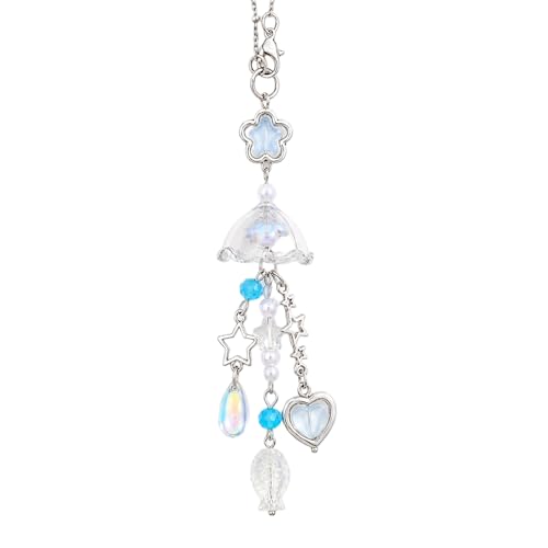 Glass Jellyfish Hanging Car Charm, Blue Healing Crystal Tassel Decor for Rear View Mirror, Boho Handmade Sun Catcher Ornament for Women Men Cars Interior Accessories - color: Blue Jellyfish