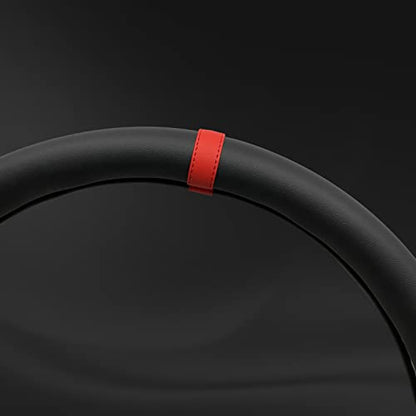 Morandi Color Steering Wheel Cover, Nappa Leather, Fashionable Sporty Style, Universal 15 inches, Black and red - color: Black and red