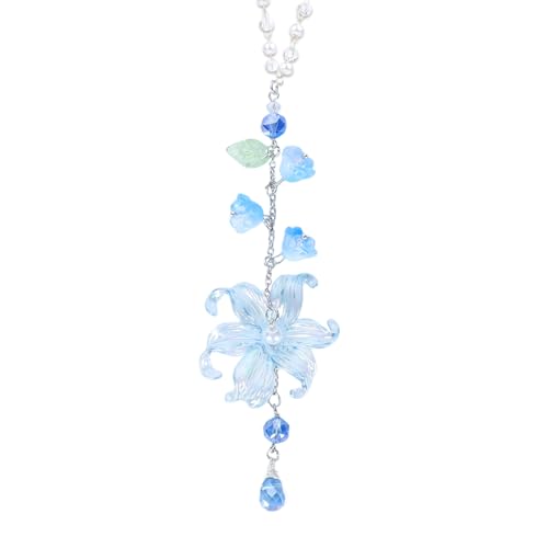 Lily Leaf Car Charm - Blue Waterlily Crystal Drop Floral Sun Catcher for Rear View Mirror Decor, Resin Flower Beads Cars Interior Hanging Accessory for Women Men - color: Blue