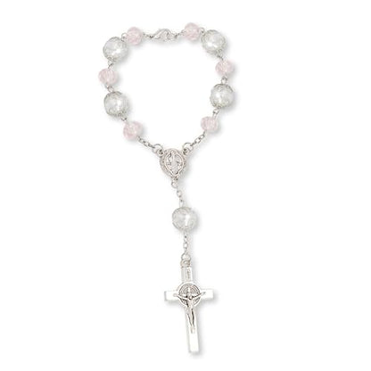 One Decade Car Rosary with St. Benedict Medal Catholic Auto Rear View Mirror Charm Pink Glass Beads Spiritual Protection Pendant Religious Car Accessories for Men and Women - color: Pink