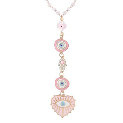 Pink Evil Eye Car Charm - Heart Evileye Rear View Mirror Hanging Ornament for Women, Suncatcher Car Accessory, Aesthetic Beaded Lanyards for Cars Window Balcony Decor - style: Pink Evil Eye