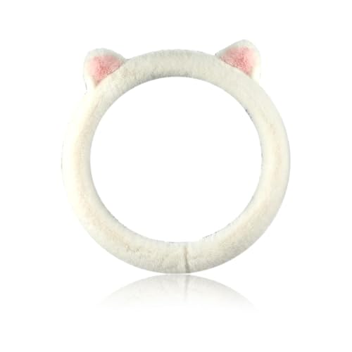 Car Steering Wheel Cover, Cute Steering Wheel Protector with Kitty Cat Ears,Fluffy Soft Plush for Winter Warm, Universal Fit 15 inches for Car,SUV, Elastic & Anti-Slip (White) - color: White