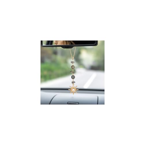 Sun Hanging Car Charm,Green and Gold Rear View Mirror Accessories Cute Boho Dangling Sun Car Decor Handmade Healing Crystals Stones Ornament Gifts for Women Men (Clear) - color: Sun