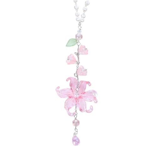 Lily of The Valley Leaf Car Charm - Pink Waterlily Crystal Drop Floral Sun Catcher for Rear View Mirror Decor, Resin Flower Beads Cars Interior Hanging Accessory for Women Men - color: Pink