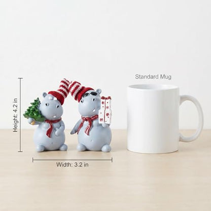 2-Piece Funny Christmas Hippo Ornaments Hippopotamus Gifts Resin Hippo Figurines for Indoor Tabletop Christmas Decorations Holiday Home Decor, Ideal Xmas Gift for Family & Friends