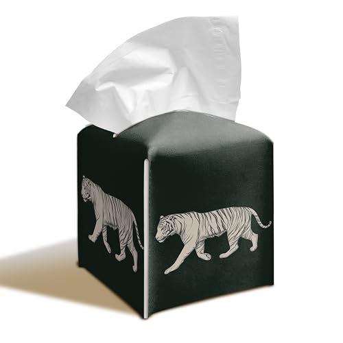 Tiger 5.2-Inch Square PU Leather Tissue Box Cover – Tiger Print, Tiger Decor, Hand-Stitched, Removable Liner, Bathroom, Bedroom, Living Room, Office, Car - color: White