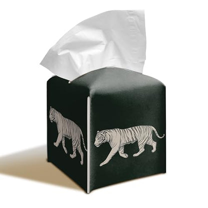 Tiger 5.2-Inch Square PU Leather Tissue Box Cover – Tiger Print, Tiger Decor, Hand-Stitched, Removable Liner, Bathroom, Bedroom, Living Room, Office, Car - color: White