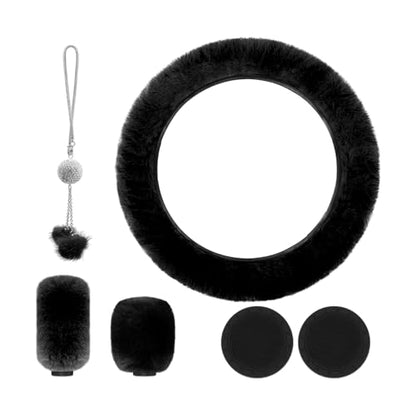 6 PCS Fluffy Steering Wheel Covers Set, 15 Inch Soft Steering Wheel Cover, Handbrake Cover & Gear Shift Cover & Cup Holder Coaster & Car Mirror Accessory, Car Accessories (Black) - color: Black