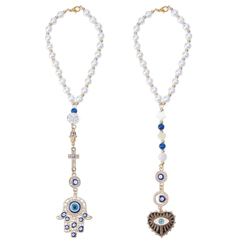 2pcs Evil Eye Car Hanging Ornament Hamsa Evil Eye Rear View Mirror Lucky Car Charm Lanyards Hanging Accessories Hand of Evil-Eye Sun Catcher Pendent for Window Home Door Frame Balcony