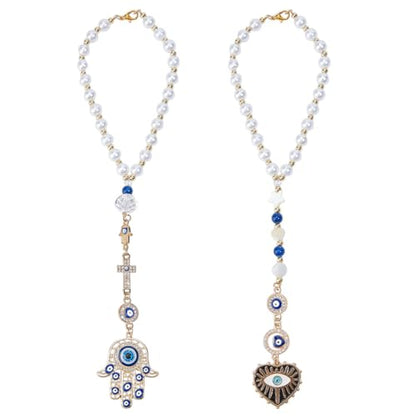 2pcs Evil Eye Car Hanging Ornament Hamsa Evil Eye Rear View Mirror Lucky Car Charm Lanyards Hanging Accessories Hand of Evil-Eye Sun Catcher Pendent for Window Home Door Frame Balcony