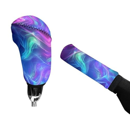 Abstract Print Gear Shift Knob Cover Set, Soft Cheetah with Handbrake Cover, Universal Accessories for Truck SUV - color: Abstract - Purple and Blue