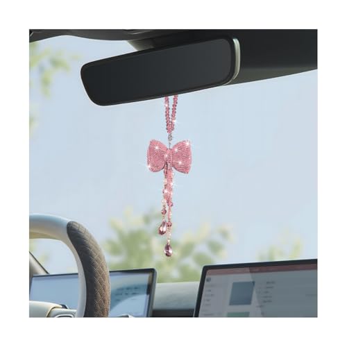 Bling Car Hanging Ornament, Bow Rhinestone Vehicle Rear View Mirror Charm with Crystal Chain, Automotive Diamond Decorative Pendant Accessories for Women Girls, Universal Fit (Pink) - color: Pink