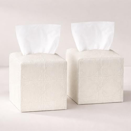 Tissue Box Cover 2-Pack, Square Tissue Holder with Bottom Belt, Modern Tissue Case Facial Paper Organizer Dispenser for Bathroom, Office, Home, Table, Car, White, Linen Pattern - color: White, size: Linen Pattern