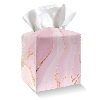 Tissue Box Cover Holder - Pink Gold Marble PU Leather Tissue Box Cover with Bottom Belt, Stylish Square Facial Paper Dispenser for Tabletop, Bathroom, Kitchen, Car & Office -036 - color: Pink Gold Marble