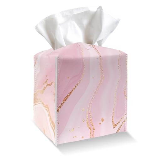 Tissue Box Cover Holder - Pink Gold Marble PU Leather Tissue Box Cover with Bottom Belt, Stylish Square Facial Paper Dispenser for Tabletop, Bathroom, Kitchen, Car & Office -036 - color: Pink Gold Marble