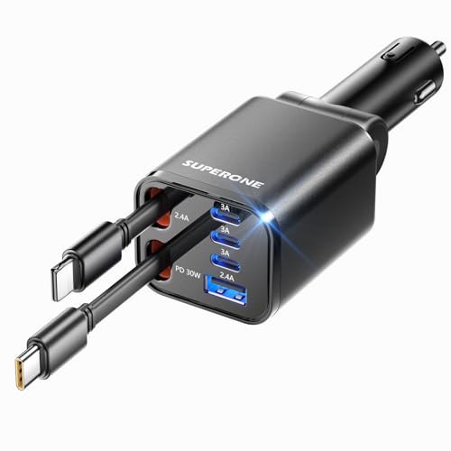 Retractable Car Charger, SUPERONE 99W Car Phone Charger with Cables Fast Charging, USB C Car Charger Adapter for iPhone 17 16 15 14 13 12, Samsung, Black - color: Black, size: Type C & Apple Cord