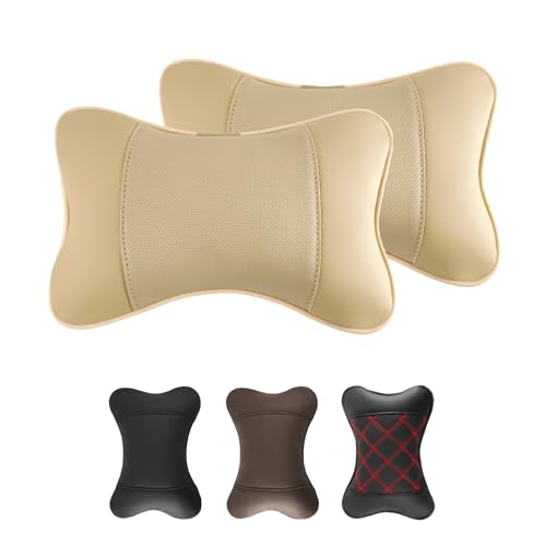 2 Pack Car Neck Pillow PU Leather Automotive Headrest Pillow for Car Support Neck Pain Relief Universal Car Pillow (Beige) - color: Beige