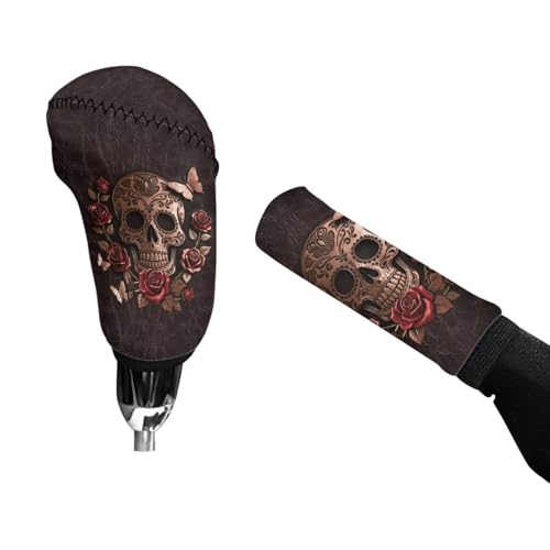 Sugar Skull Rose Print 2 Pcs Car Gear Shift Knob Cover Handbrake Cover Comfortable Vehicle Shift Lever Handle Protector Car Gear Shift Cover Set Universal Fit for Cars - color: Sugar Skull Rose
