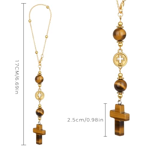 Cross Crystal Hanging Car Charm,Cute Healing Stones Car Decor for Rear View Mirror Boho Handmade Sun Catcher Ornament Accessories Tiger Eye Crystal Protection for Women