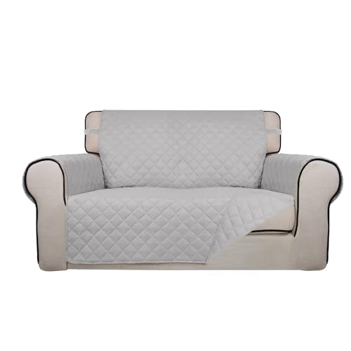 PureFit Reversible Quilted Sofa Cover, Water Resistant Slipcover Furniture Protector, Washable Couch Cover with Non Slip and Elastic Straps for Kids, Dogs, Pets (Loveseat, Light Gray/Light Gray) - color: Light Gray/Light Gray, size: Medium