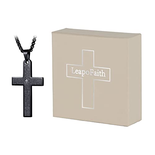 Pendant Cross for Car Rear View Mirror Necklace for Men Charm Car Mirror Hanging Accessories Ornament Stainless Steel Lord's Prayer Cross Necklace With Bible Verse (Black)