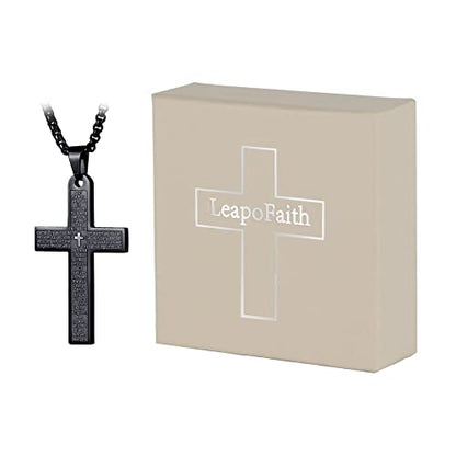 Pendant Cross for Car Rear View Mirror Necklace for Men Charm Car Mirror Hanging Accessories Ornament Stainless Steel Lord's Prayer Cross Necklace With Bible Verse (Black)