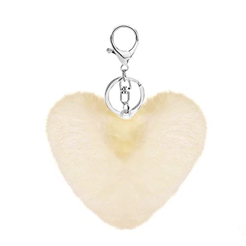 Cute Faux Rabbit Fur Ball Pom Pom Keychain Car Key Ring Handbag Tote Bag Pendant Purse Charm - color: Heart-beige