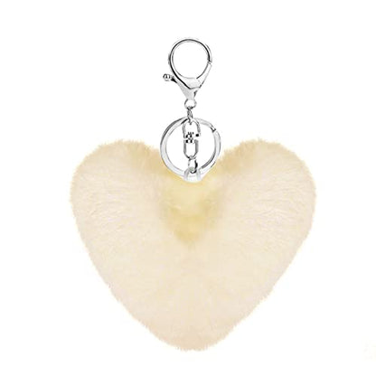 Cute Faux Rabbit Fur Ball Pom Pom Keychain Car Key Ring Handbag Tote Bag Pendant Purse Charm - color: Heart-beige