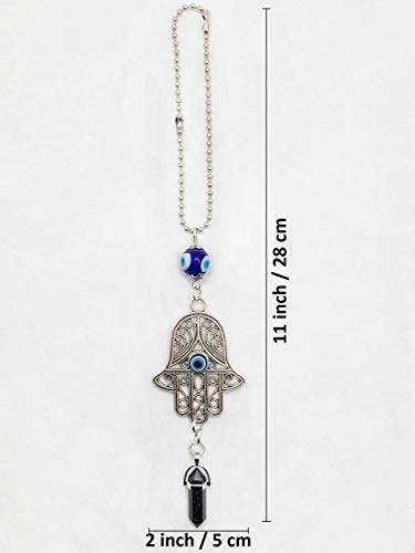 LUCKBOOSTIUM Hamsa Protection Amulet with Evil Eye – Car Hanging Ornament, Rearview Mirror Charm, Black Stone Good Luck Symbol, Positive Energy & Fortune Gemstone Decoration for Home or Auto (2"x11") - color: Black Stone