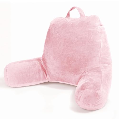 Sasttie Reading Pillow, Velvet Back Pillow for Bed Sitting Up, Adult Back-Rest Support Cushion with Arms for Sit Up on Couch, Sofa, and Floor, Dorm Essentials, Reading Accessories, Pink - color: Pink, size: Standard (18-Inch)